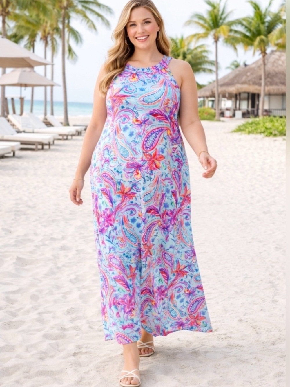 Stella Parker Collection Sleeveless Paisley Maxi Dress in Pastel Blue and Pink